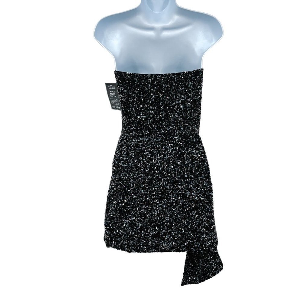 Retrofete Omer Sequin Mini Dress Strapless Asymmetrical Gunmetal Black V-Neck - Picture 4 of 12